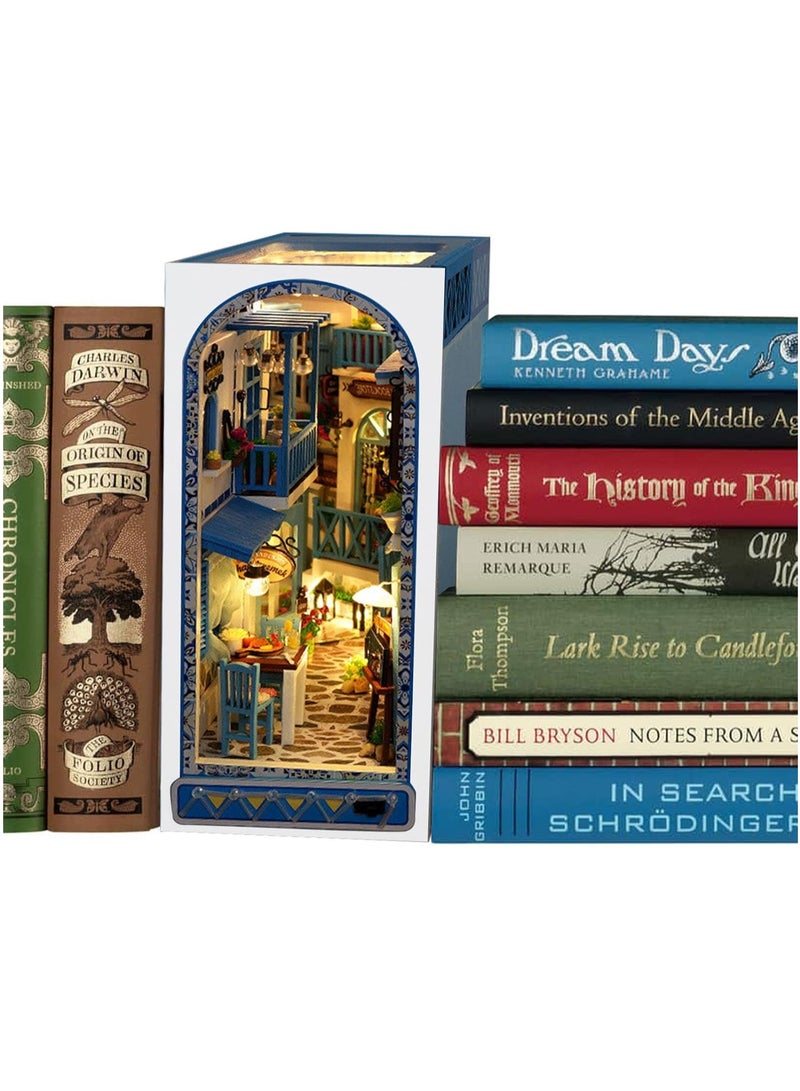 DIY Book Corner Kit, 3D Wooden Puzzle Book Corner, Decorative Bookends, Bookshelf Insert Decorative Alley with Furniture and LED Lights for Birthday Home Desk Decoration (Sea Breeze Realm) - Image 5